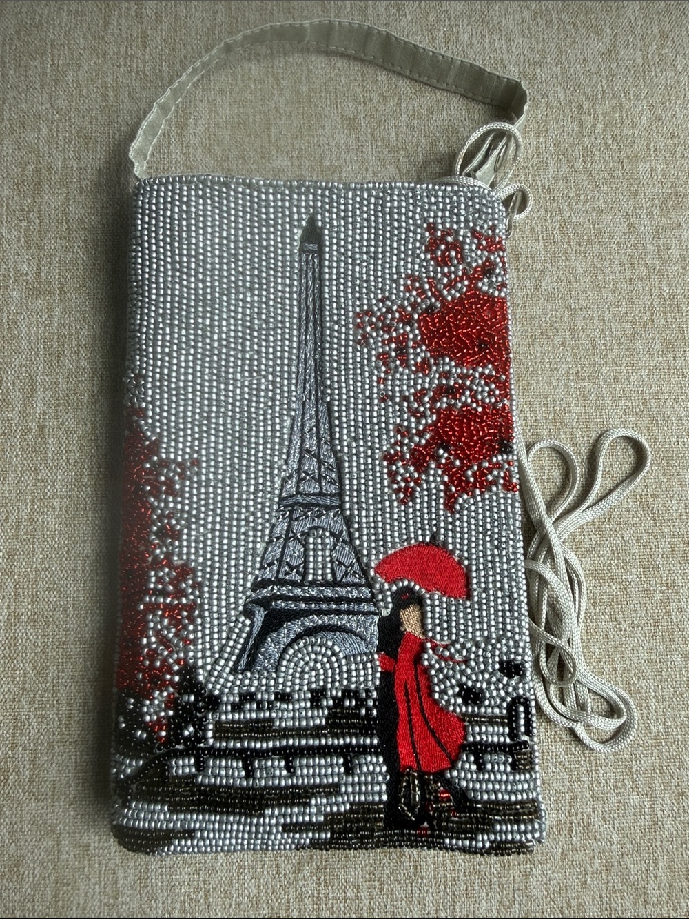 Beaded Eiffel Tower Crossbody Bag in Silver and Red With Zipper Closure